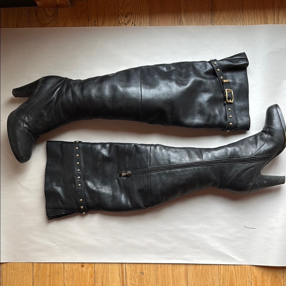 Italian Leather over the Knee- studded, fur lined High Boots with side zipper